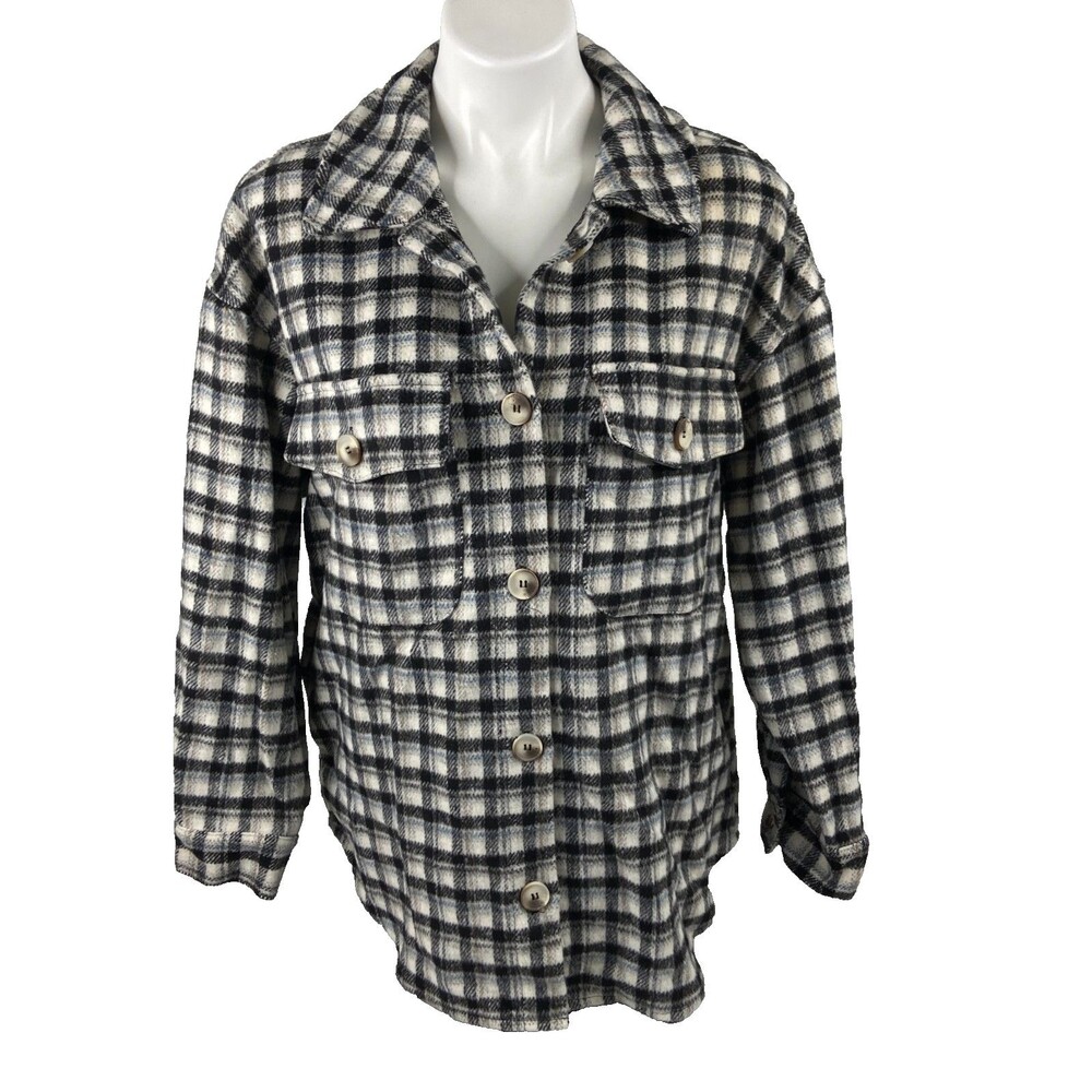 1 Funky Women Medium Plaid Shacket Black White Button Front Flannel NWT